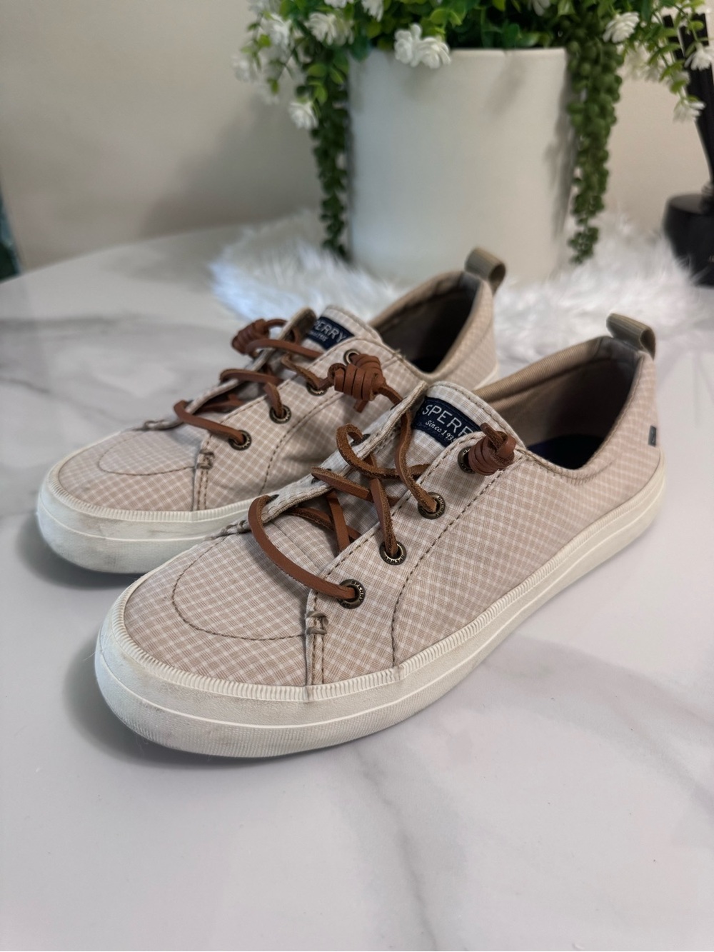 Sperry Crest Vibe Linen Plaid Sneakers Beige Tan Women’s Size 7 Casual Lace Up
